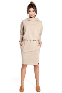 Beige Casual Dress with Wide Tourtleneck