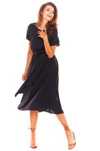 Black Flared Midi Dress with Short Kimono Sleeve