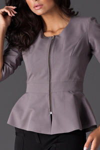 Grey Frilled Hemline Blazer with Front Zipper Fastening