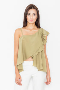 Olive Green Asymetrical One Shoulders Strap Dress with a Frill